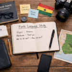 Missionary daily life Christian ministry language study desk learning Fante in Ghana