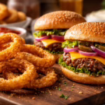 Missionary daily life learning experience in Ghana – homemade burgers and onion rings shared during a rest day on the mission field