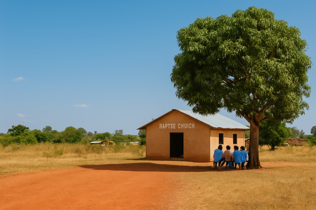 A rural Baptist church in Ghana with bright red dirt, a vivid blue sky, and a group of locals gathered under a large tree.