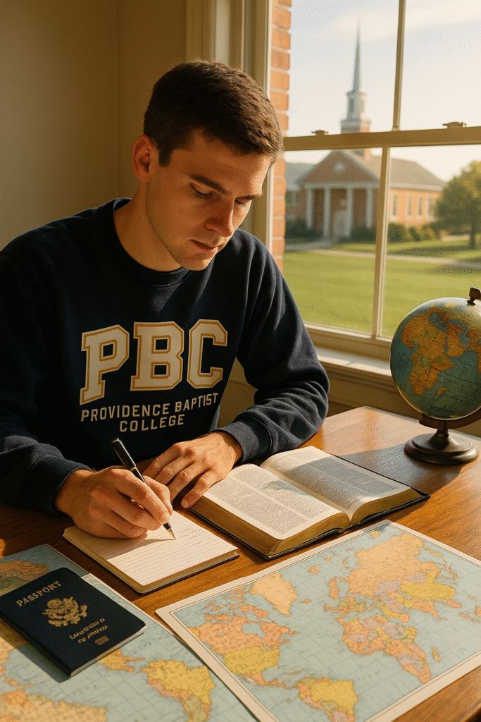A Providence Baptist College student studies the Bible at a desk with world maps, a globe, and a passport, symbolizing preparation for global missions work.
