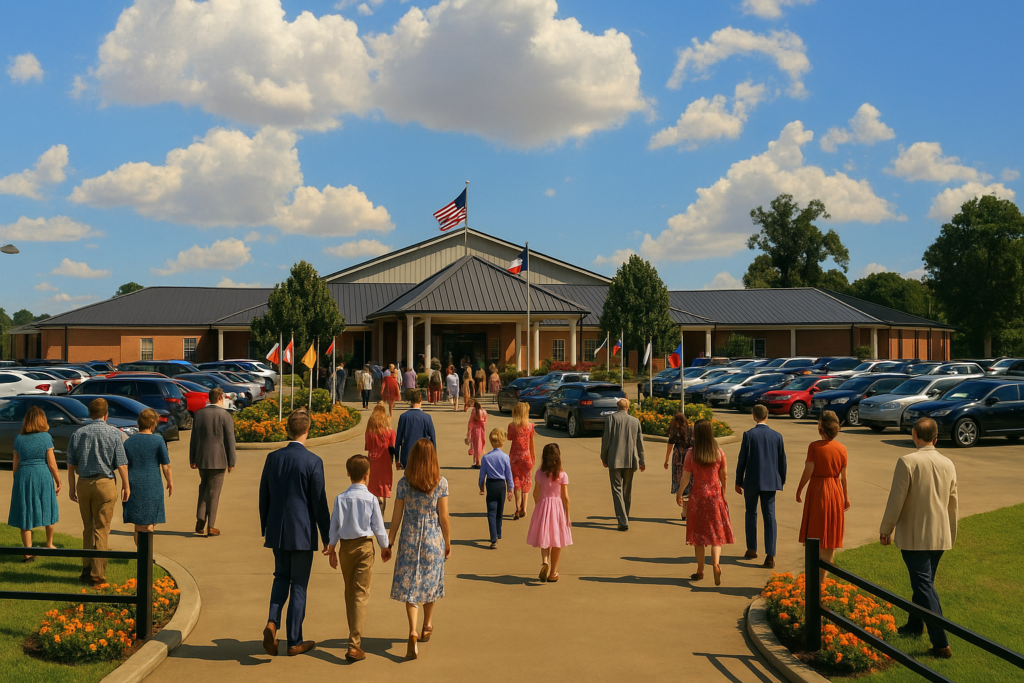 Congregation arriving at Central Baptist Church Center Texas on a sunny Sunday morning, with a full parking lot, families in church clothes, and bright orange flowers in the landscaped beds.