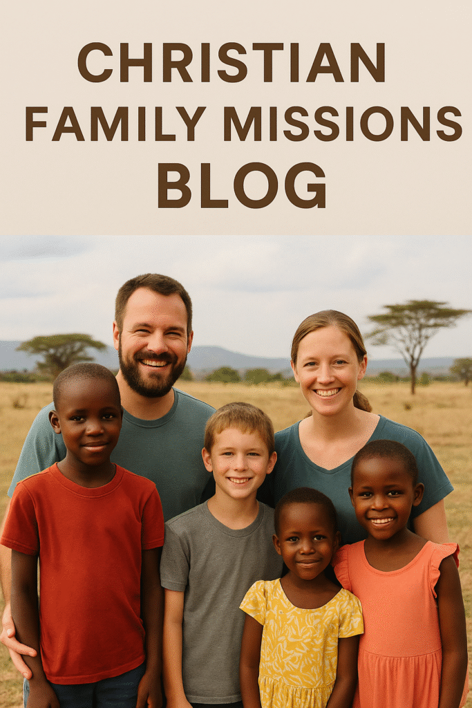 Christian family with local children in Africa smiling together on the mission field