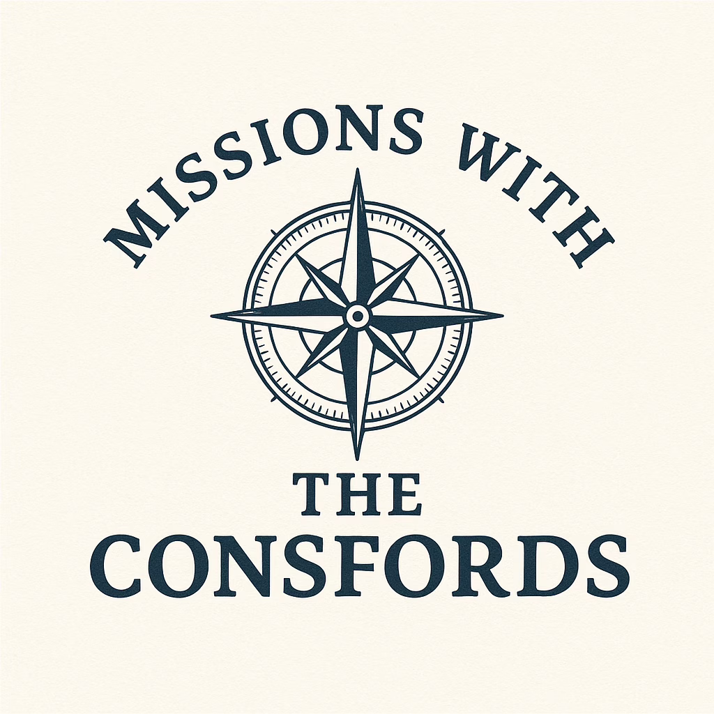 A classic square logo for "Missions with The Consfords" featuring a vintage-style navy blue compass rose centered on an off-white background, with the words “MISSIONS WITH” above and “THE CONSFORDS” below in bold serif font, symbolizing global direction and purpose in missionary work.