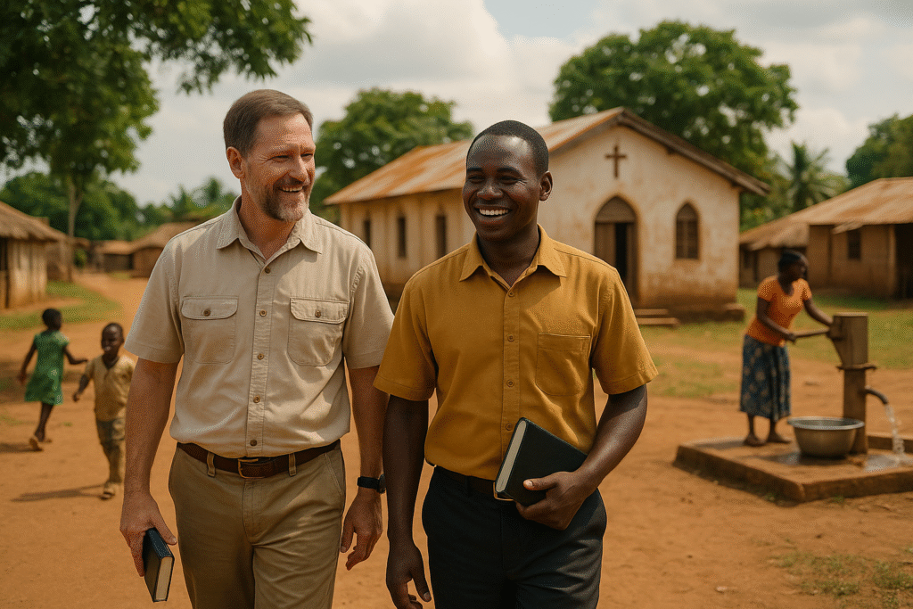 Missionary and Ghanaian pastor walking together in West Africa village with Bibles, representing evangelism and gospel partnership