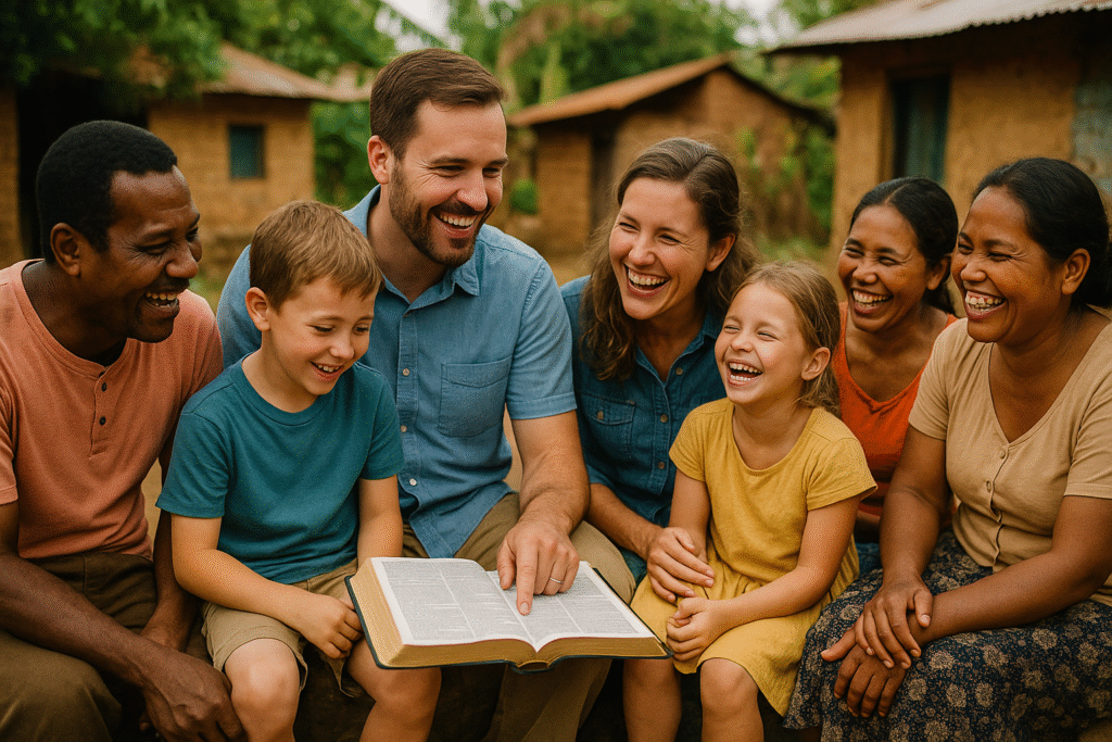 Missionary family sharing faith and laughter with local community during storytelling outdoors
