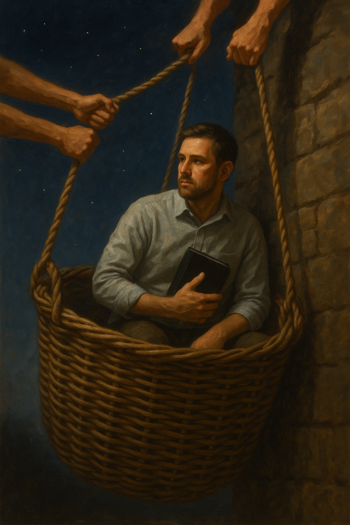 Modern missionary in a wicker basket being lowered at night, holding a black Bible, assisted by helping hands—symbol of teamwork and faith.