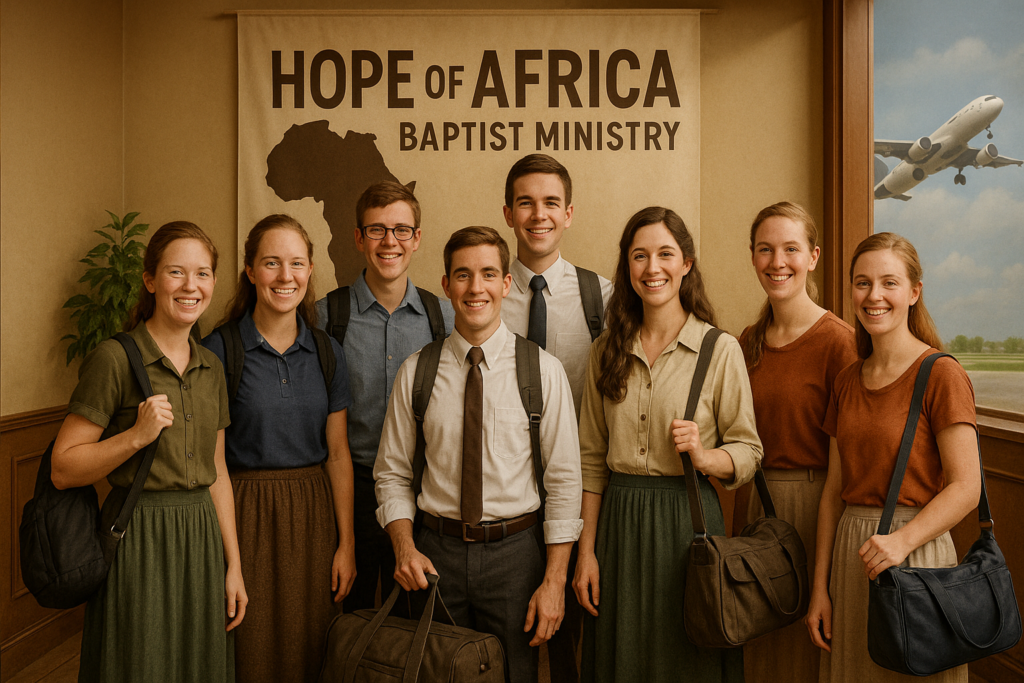 A group of modestly dressed young missionaries stands in front of a Hope of Africa Baptist Ministry banner, ready for service in Ghana.