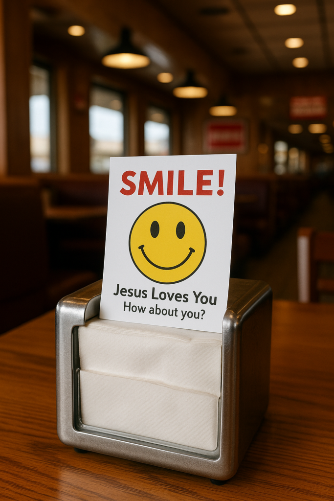 Gospel tract with a smiley face and message "Jesus Loves You" placed inside a stainless steel napkin dispenser at a classic American truck stop diner.