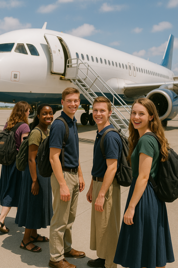 A group of young missionaries, including modestly dressed young men and women with backpacks, smile as they board a mission trip airplane on a sunny day.