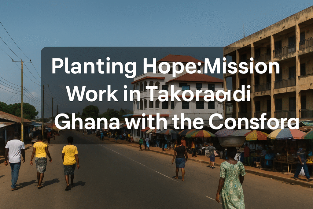 A vibrant street scene in Takoradi, Ghana, featuring local pedestrians, vendors with colorful umbrellas, and a backdrop of urban buildings—capturing the energy of missionary life.