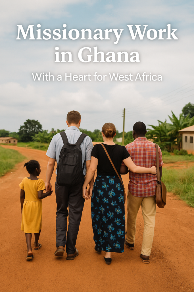 A missionary family walks with a young African girl and a national pastor along a red dirt road in rural Ghana, symbolizing unity and purpose in missionary work in Ghana.
