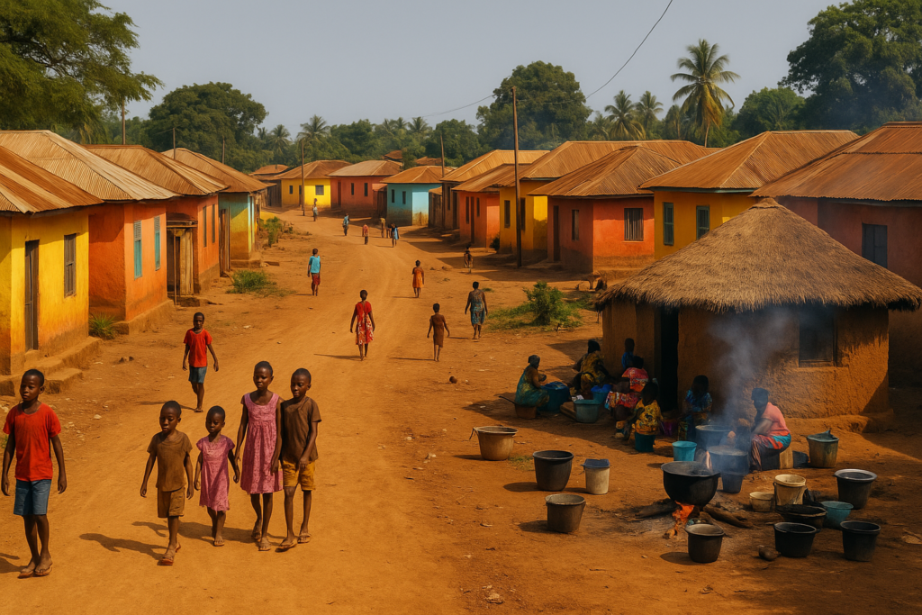 missions-trips-to-africa "Children walking through a West African village with colorful houses, cooking fires, and women preparing food along a dirt road.
