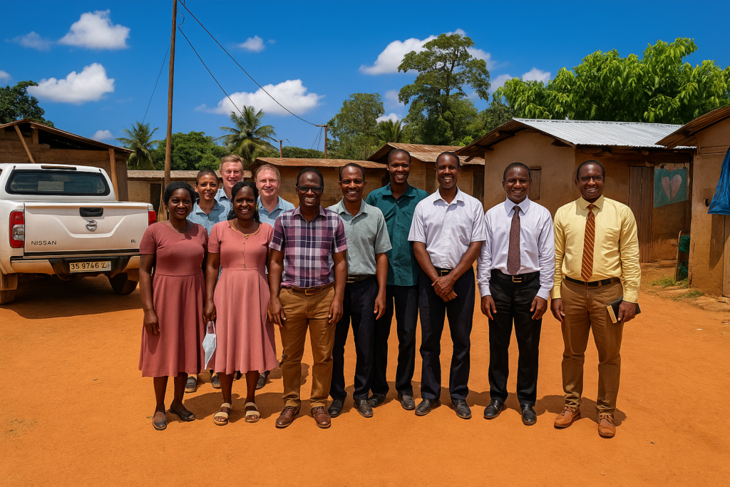 Group photo of missionaries and Ghanaian church leaders standing on red dirt in Takoradi, Ghana, representing Hope of Africa Baptist Ministry and local church planting efforts supported by Central Baptist Church and consfords.com.