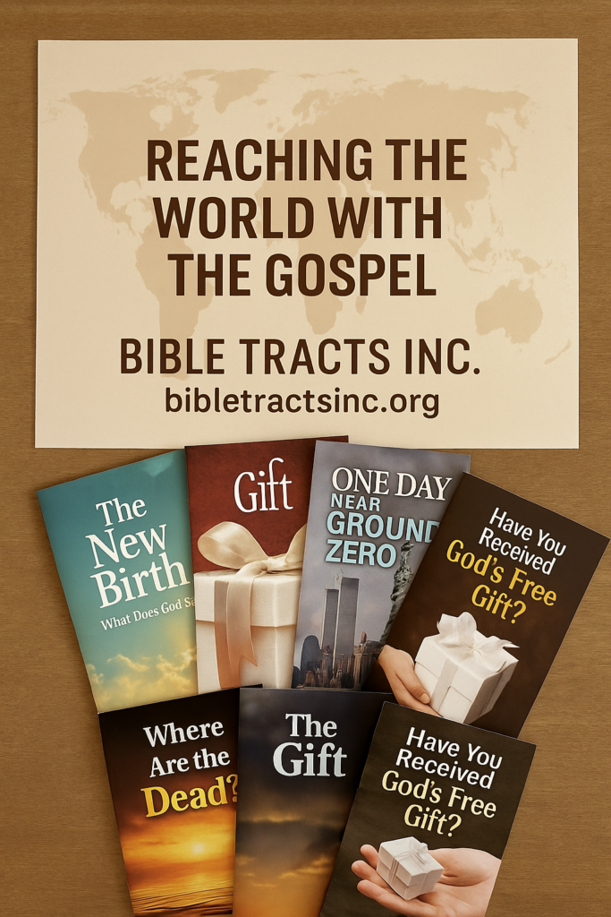 A collection of Bible Tracts Inc. gospel tracts displayed on a wooden table with a poster reading 'Reaching the World with the Gospel,' illustrating how using gospel tracts in your everyday life can support global evangelism.