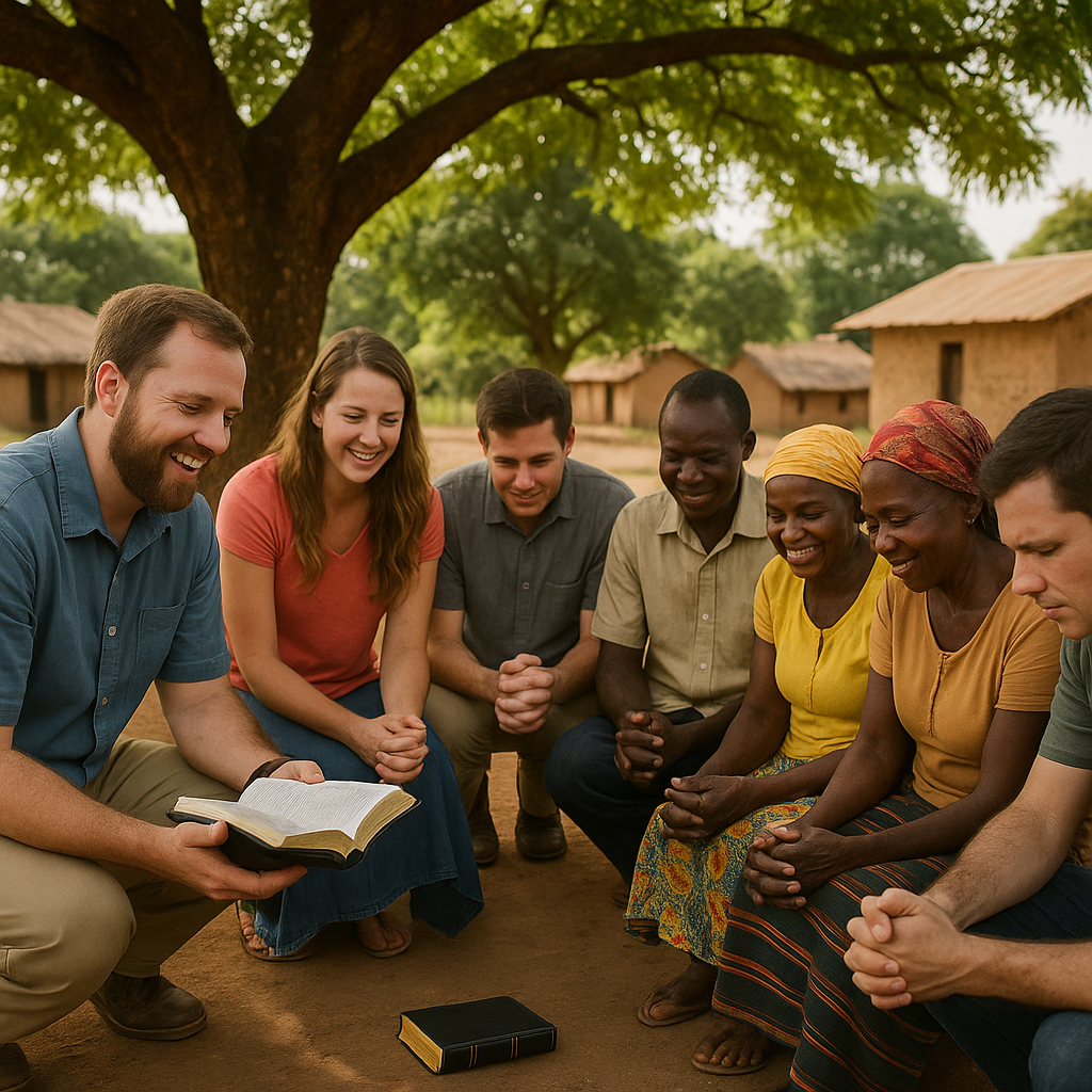 Missionary team sharing the gospel in a rural village as part of Ron Middleton’s world-wide missions outreach effort.