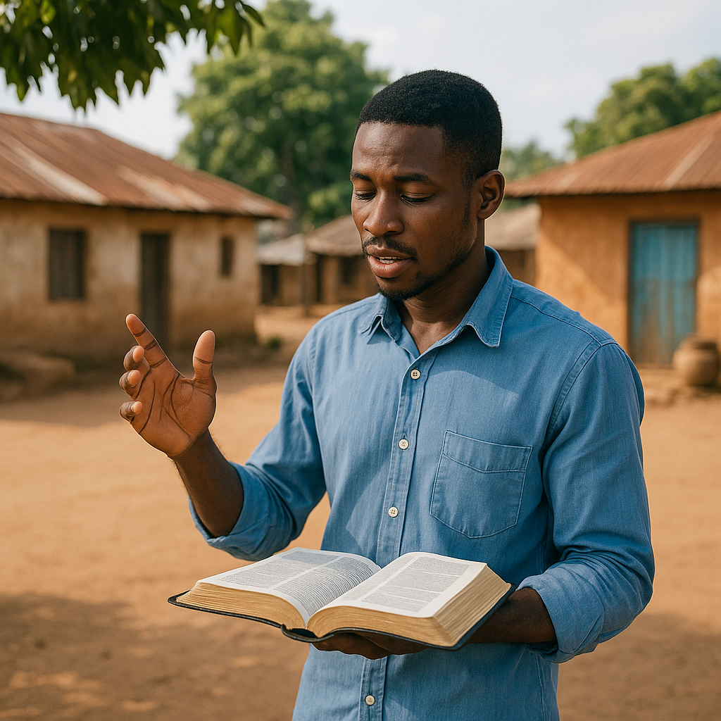Young African pastor teaching from an open Bible in a rural village with earth-toned buildings and dirt roads in the background