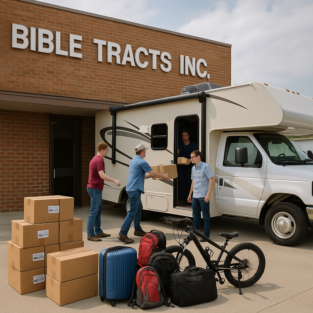 Interns loading an RV with tracts, luggage, and supplies at Bible Tracts Inc. headquarters for a mission trip to the Navajo Nation.