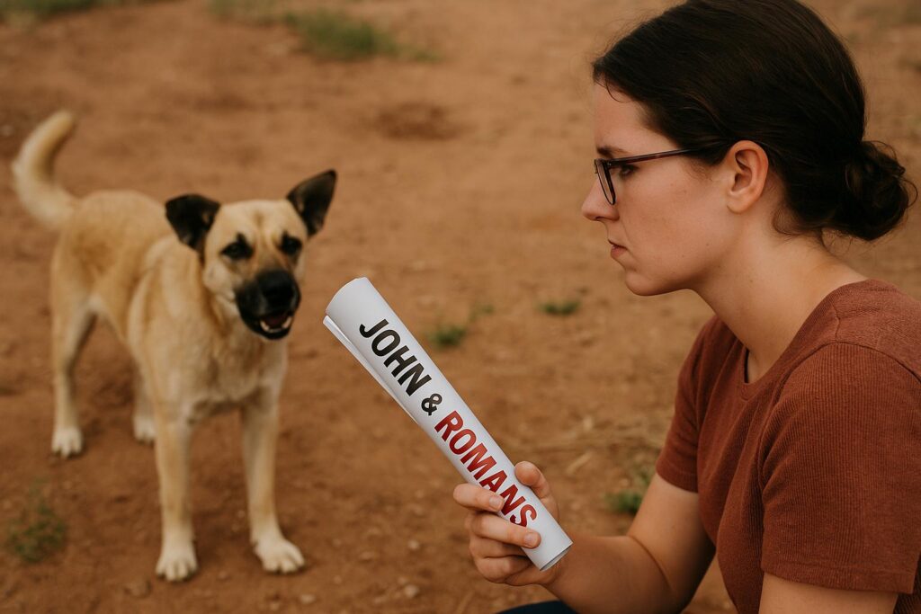 Young woman holds rolled-up John and Romans booklet as a barking dog approaches during Navajo Nation soulwinning mission trip.