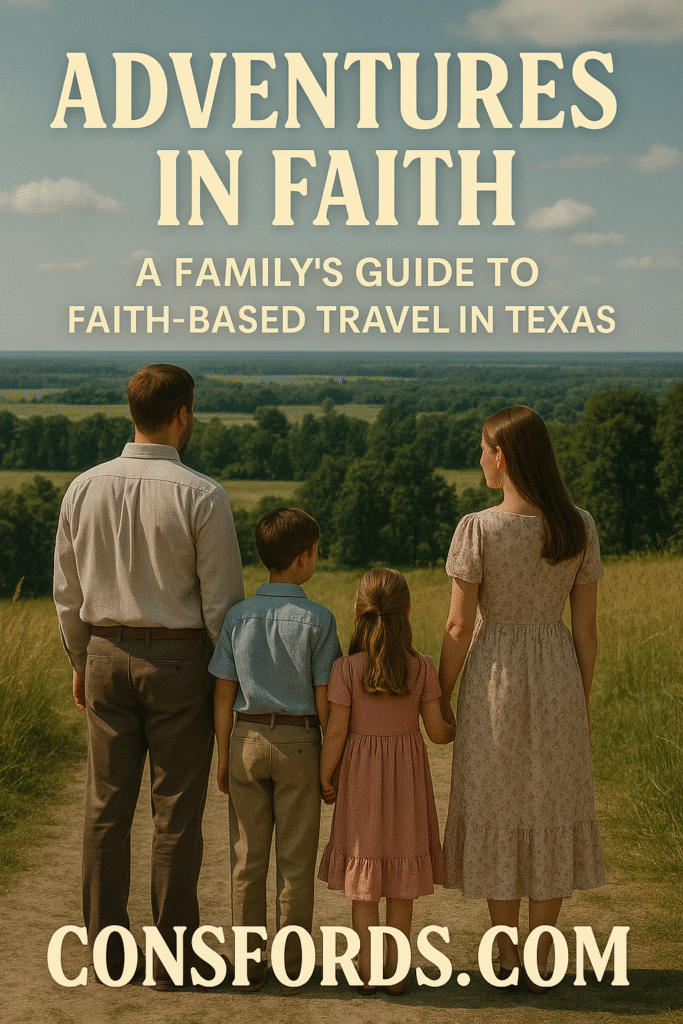 A modestly dressed Christian family overlooking the Texas countryside during a faith-based road trip