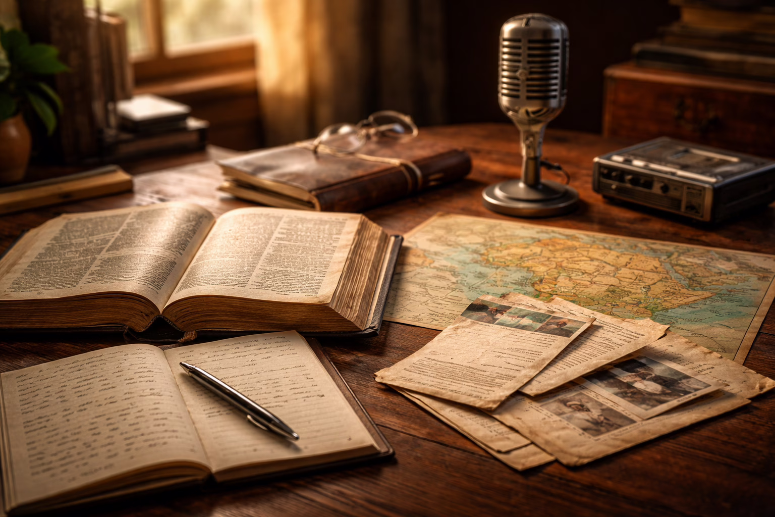 Veteran missionary interviews study setting with open Bible, prayer letters, Africa map, notebook, and vintage microphone