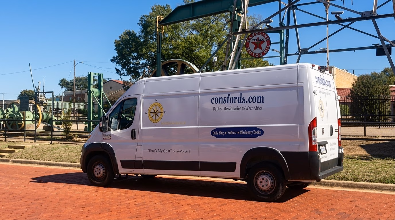 White ministry van lettered consfords.com, Baptist Missionaries to West Africa, with Daily Blog, Podcast, and Missionary Books